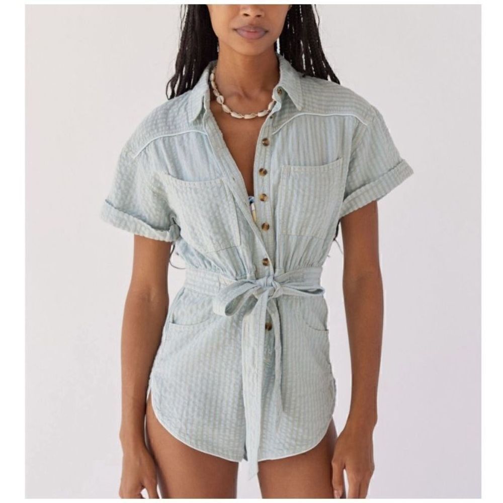 BDG Urban Outfitters Striped‎ Cotton Linen Romper Blue White Tie Waist XS